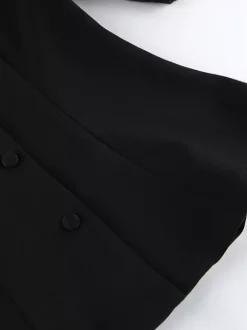 Ensemble coordonné sophistiqué style français pour femme - Haut à manches bouffantes et col cranté pantalon noir à jambes larges - Tenue de travail été 2026