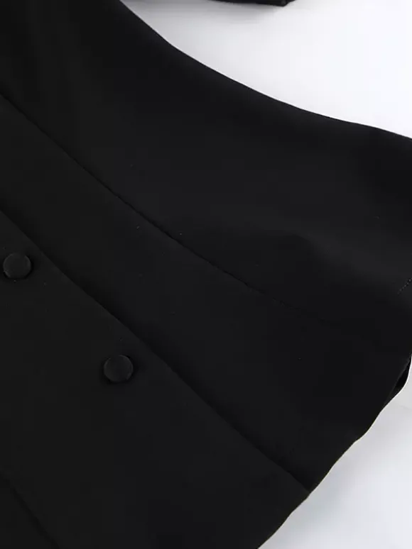 Ensemble coordonné sophistiqué style français pour femme - Haut à manches bouffantes et col cranté pantalon noir à jambes larges - Tenue de travail été 2026