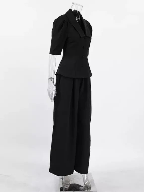 Ensemble coordonné sophistiqué style français pour femme - Haut à manches bouffantes et col cranté pantalon noir à jambes larges - Tenue de travail été 2026