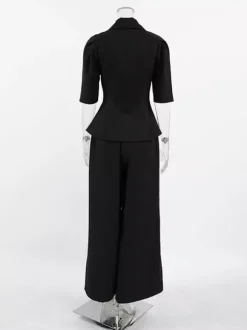 Ensemble coordonné sophistiqué style français pour femme - Haut à manches bouffantes et col cranté pantalon noir à jambes larges - Tenue de travail été 2026