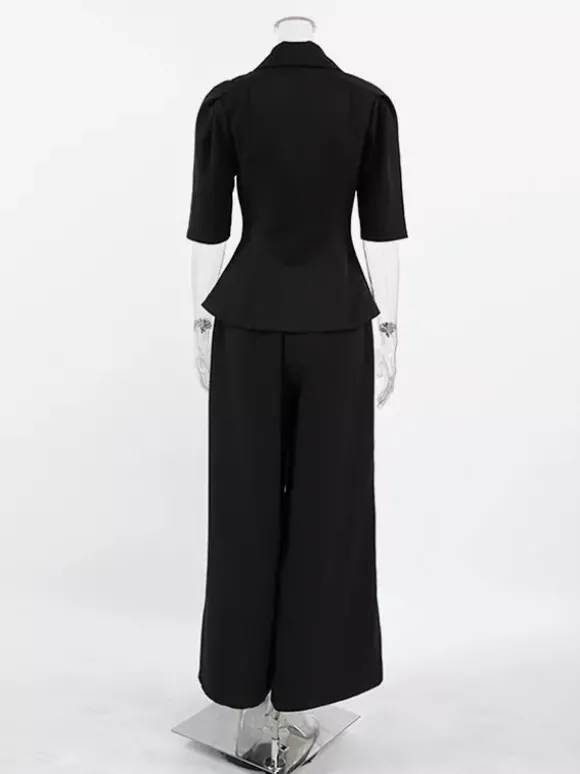 Ensemble coordonné sophistiqué style français pour femme - Haut à manches bouffantes et col cranté pantalon noir à jambes larges - Tenue de travail été 2026