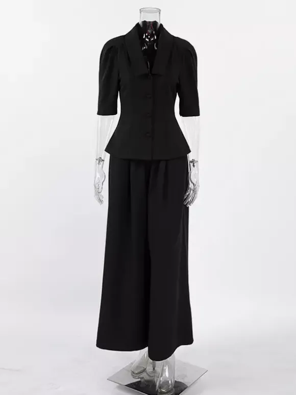 Ensemble coordonné sophistiqué style français pour femme - Haut à manches bouffantes et col cranté pantalon noir à jambes larges - Tenue de travail été 2026
