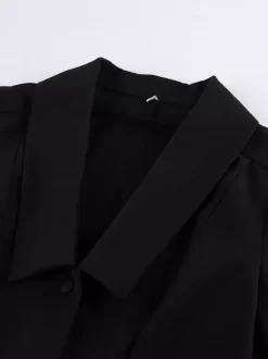 Ensemble coordonné sophistiqué style français pour femme - Haut à manches bouffantes et col cranté pantalon noir à jambes larges - Tenue de travail été 2026