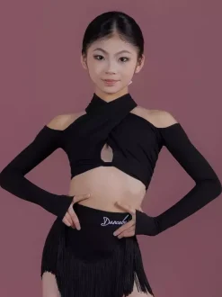 Ensemble de costumes de danse latine pour fille : jupe à franges en polyester noir haut à manches longues.