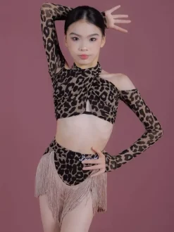 Ensemble de costumes de danse latine pour fille : jupe à franges en polyester noir haut à manches longues.