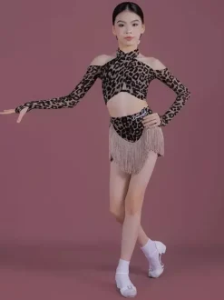 Ensemble de costumes de danse latine pour fille : jupe à franges en polyester noir haut à manches longues.