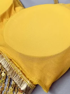 Ensemble De Danse Latine À Paillettes Dorées Franges Sexy Costume De Danse