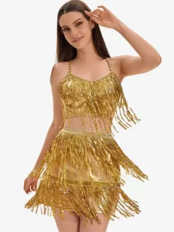 Ensemble De Danse Latine À Paillettes Dorées Franges Sexy Costume De Danse