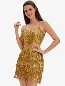 Ensemble De Danse Latine À Paillettes Dorées Franges Sexy Costume De Danse