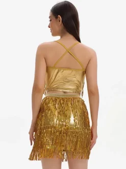 Ensemble De Danse Latine À Paillettes Dorées Franges Sexy Costume De Danse