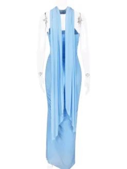 Ensemble de fête 3 pièces pour femme composé d'un corset sans bretelles d'une jupe longue en maille et d'un foulard. 2026