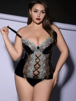 Ensemble de lingerie corset en dentelle et cuir verni grande taille résille transparente avec croisillons
