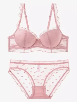 Ensemble de lingerie de mariée : soutien-gorge et culotte à armatures en dentelle à cils et résille à c艙urs.