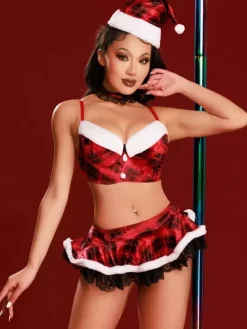 Ensemble de lingerie de Noël séduisante pour costumes de Père Noël 4 pièces