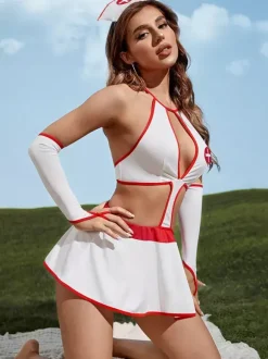 Ensemble de lingerie dos nu découpé pour cosplay d'infirmière