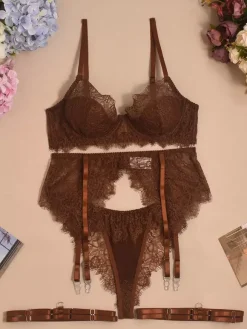 Ensemble de lingerie 4 pièces en dentelle transparente marron café : soutien-gorge culotte et porte-jarretelles