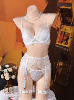 Ensemble de lingerie 4 pièces en dentelle transparente marron café : soutien-gorge culotte et porte-jarretelles
