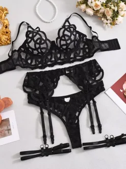Ensemble de lingerie 4 pièces en dentelle transparente noire : soutien-gorge culotte et porte-jarretelles