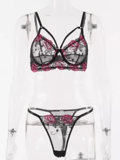 Ensemble de lingerie 2 pièces à imprimé floral soutien-gorge et culotte noirs transparents à lacets