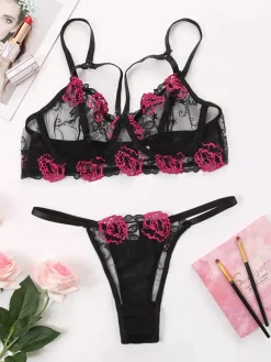 Ensemble de lingerie 2 pièces à imprimé floral soutien-gorge et culotte noirs transparents à lacets
