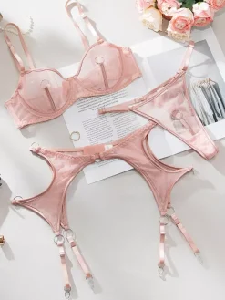 Ensemble de lingerie 3 pièces rose poudré transparent soutien-gorge et culotte avec porte-jarretelles