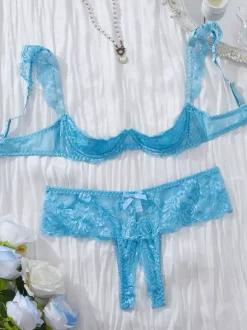 Ensemble de lingerie 2 pièces sans entrejambe et sans bonnets avec n艙uds et soutien-gorge rouge