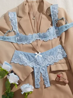 Ensemble de lingerie 2 pièces sans entrejambe et sans bonnets avec n艙uds et soutien-gorge rouge