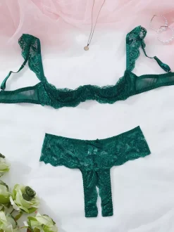 Ensemble de lingerie 2 pièces sans entrejambe et sans bonnets avec n艙uds et soutien-gorge rouge