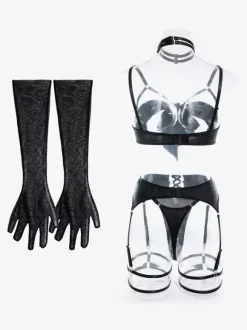 Ensemble de lingerie 3 pièces soutien-gorge et culotte noirs à lacets sans bonnets