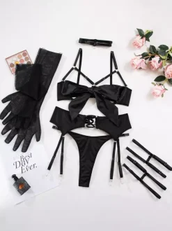 Ensemble de lingerie 3 pièces soutien-gorge et culotte noirs à lacets sans bonnets