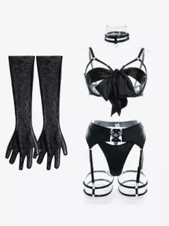 Ensemble de lingerie 3 pièces soutien-gorge et culotte noirs à lacets sans bonnets