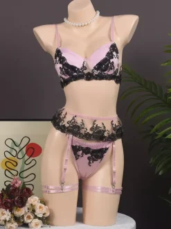 Ensemble de lingerie sexy en dentelle à imprimé floral rose 4 pièces soutien-gorge et culotte