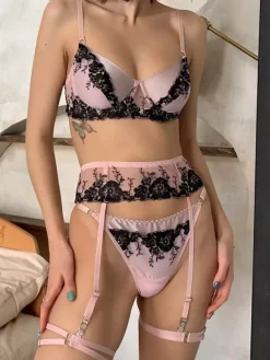 Ensemble de lingerie sexy en dentelle à imprimé floral rose 4 pièces soutien-gorge et culotte