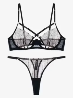 Ensemble De Lingerie Sexy En Maille Transparente Soutien-Gorge Culotte 2 Pièces