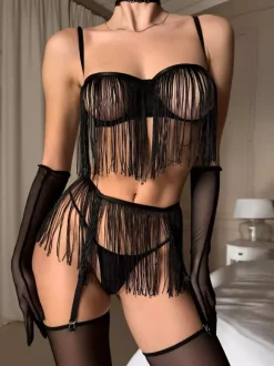 Ensemble de lingerie sexy noire à franges 6 pièces soutien-gorge et culotte ajourés en dentelle transparente à pompons