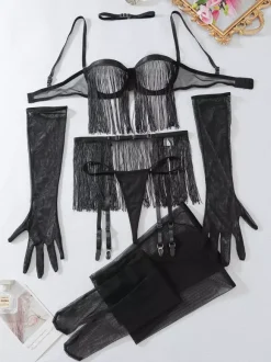 Ensemble de lingerie sexy noire à franges 6 pièces soutien-gorge et culotte ajourés en dentelle transparente à pompons