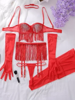 Ensemble de lingerie sexy noire à franges 6 pièces soutien-gorge et culotte ajourés en dentelle transparente à pompons