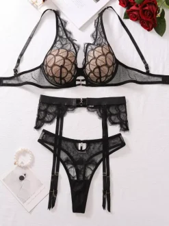 Ensemble de lingerie sexy noire 3 pièces soutien-gorge et culotte pour adulte