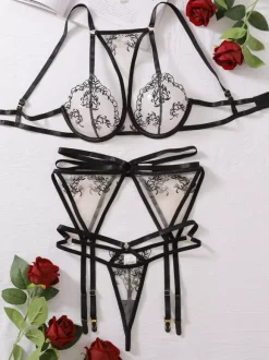 Ensemble de lingerie sexy 3 pièces soutien-gorge et culotte pour adulte noir