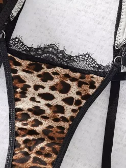 Ensemble de lingerie sexy 4 pièces en dentelle marron à imprimé girafe pour adulte