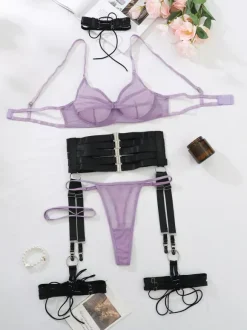 Ensemble de lingerie sexy 5 pièces violet soutien-gorge et culotte pour adulte
