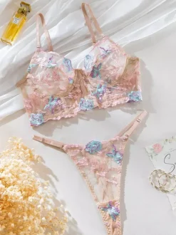 Ensemble De Lingerie Sexy 2 Pièces Avec Soutien-Gorge Culotte Rose Brodés