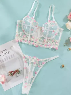 Ensemble De Lingerie Sexy 2 Pièces Avec Soutien-Gorge Culotte Rose Brodés