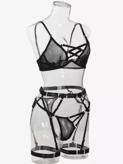 Ensemble de lingerie sexy 3 pièces soutien-gorge et culotte pour adulte noir