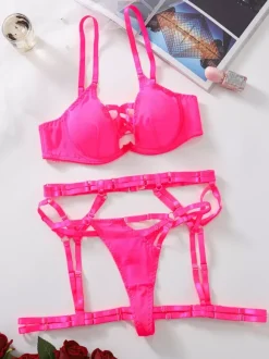 Ensemble de lingerie sexy 3 pièces soutien-gorge et culotte pour adulte noir