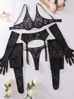 Ensemble de lingerie sexy 4 pièces soutien-gorge et culotte pour adulte noir