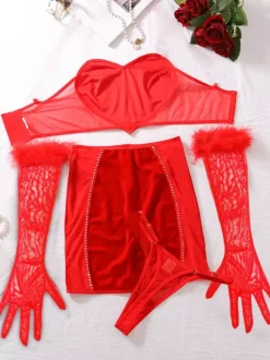Ensemble de lingerie sexy 3 pièces rouge soutien-gorge et culotte pour adulte
