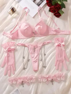 Ensemble de lingerie sexy 5 pièces rose soutien-gorge et culotte pour adulte