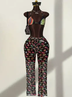 Ensemble de maillot de bain 3 pièces à imprimé fruits pour femme - Bikini triangle dos nu avec pantalon large paréo - Collection été 2026