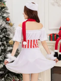 Ensemble de Noël pour femme Chapeau blanc Robe Gants Polyester Costumes de vacances de Noël